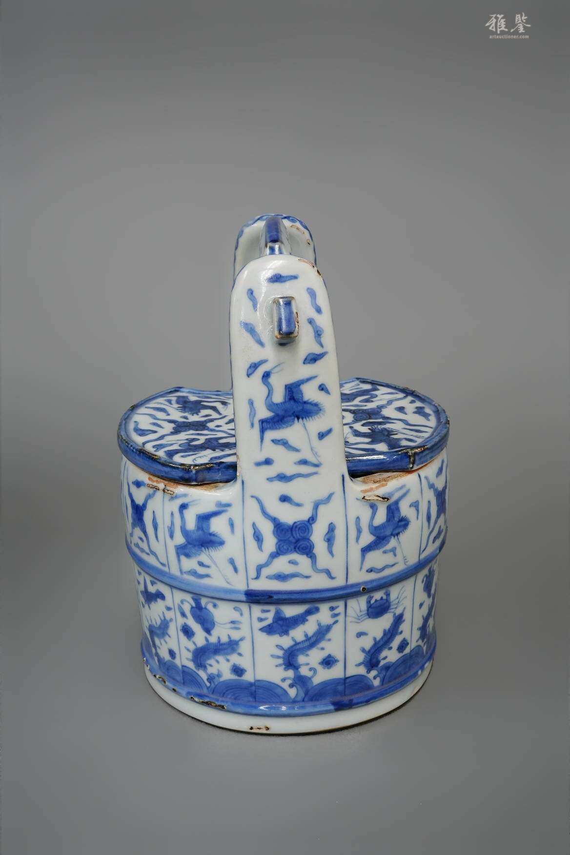 明代嘉靖 青花水指 双盖 日本黑漆原盒 本物保证